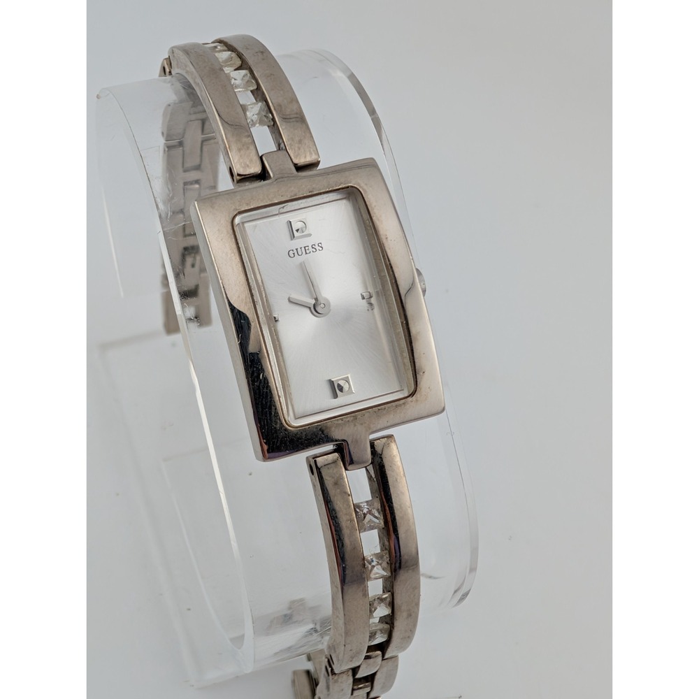 Guess Tank Watch Women‎ Silver Case Rhinestones 7" Band- New Battery